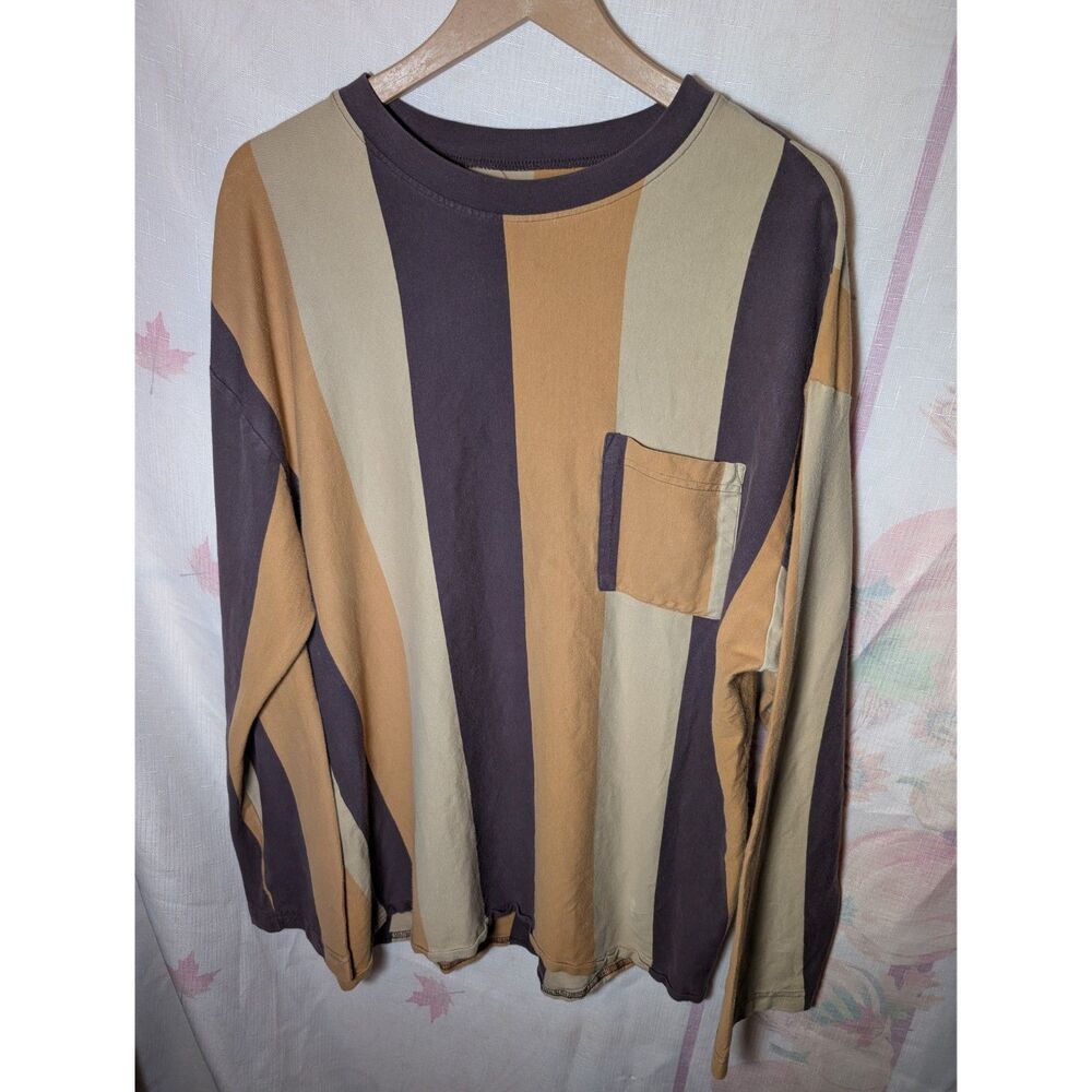 Urban Outfitters Men’s Long Sleeve Pocket T-Shirt Striped Brown Tan Size Large